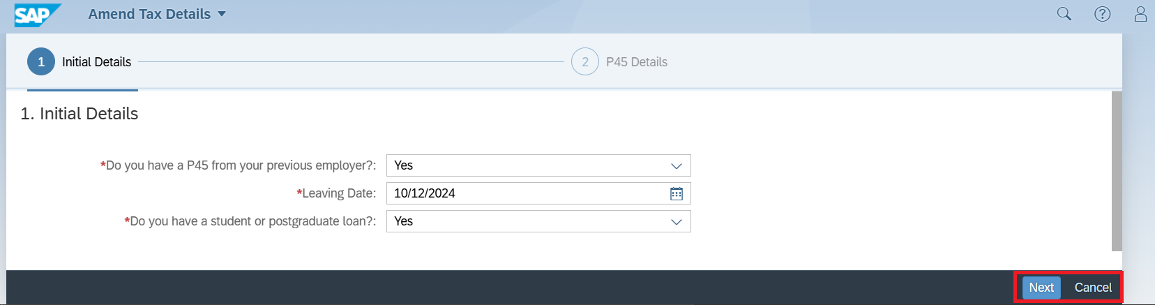 An example of the initial details fields for your tax information