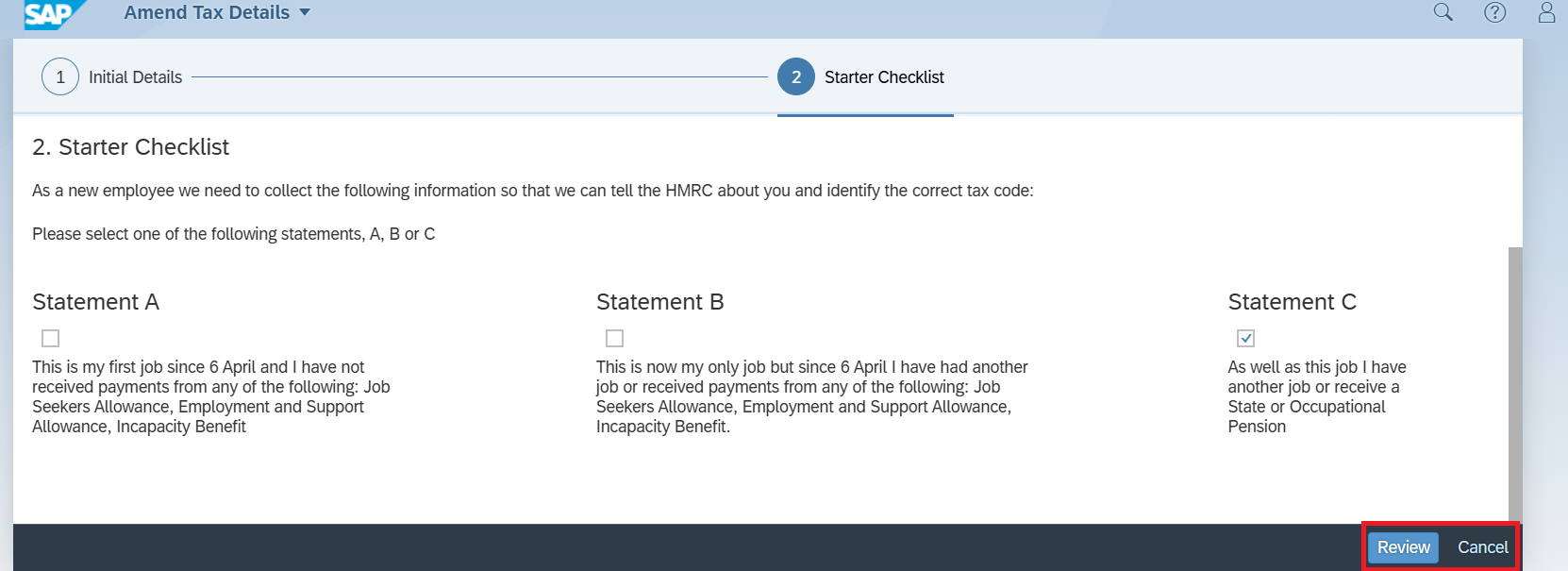 An example of the starter checklist required fields