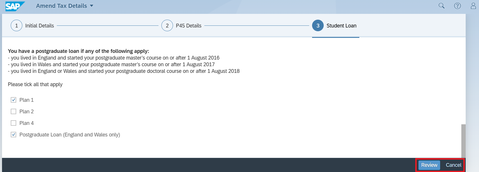 An example of the student loan information fields