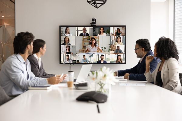 Workers in an office setting on a remote call.