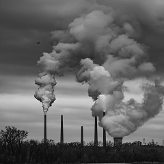 Black and white photo of industrial chimneys and smoke