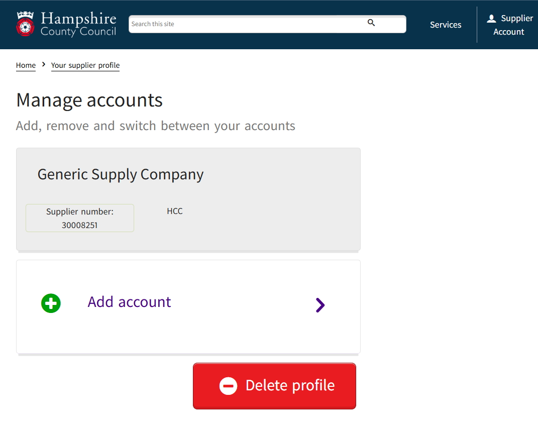 The 'Add account' button in the Supplier Self-Service system