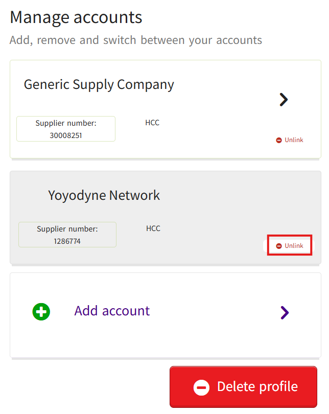 The 'Unlink' button in the Supplier Self-Service system