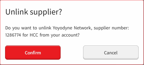 The 'Unlink supplier?' screen in the Supplier Self-Service system