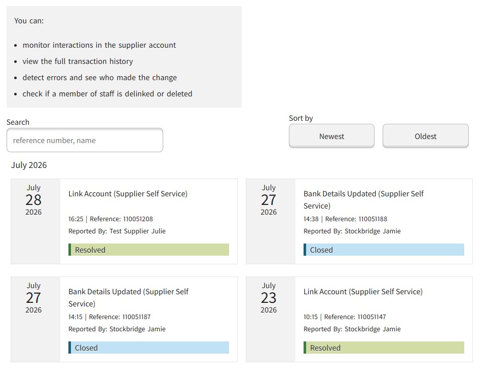 Example of recent activities listed in the Supplier Self-Service system