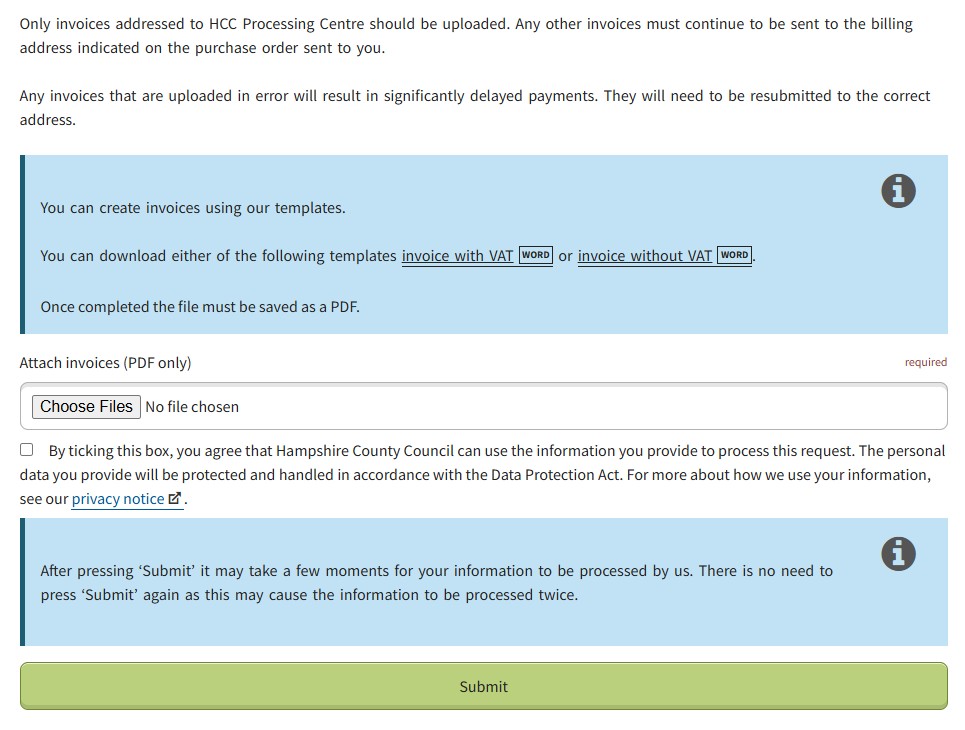 The upload invoices screen in the Supplier Self-Service system