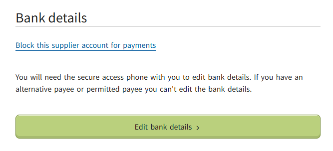 The 'Bank details' screen in the Supplier Self-Service system