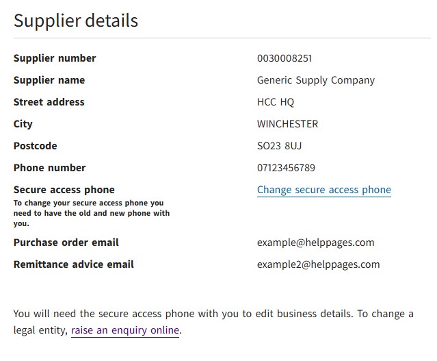 The 'Change secure access phone' link in the Supplier Self-Service system