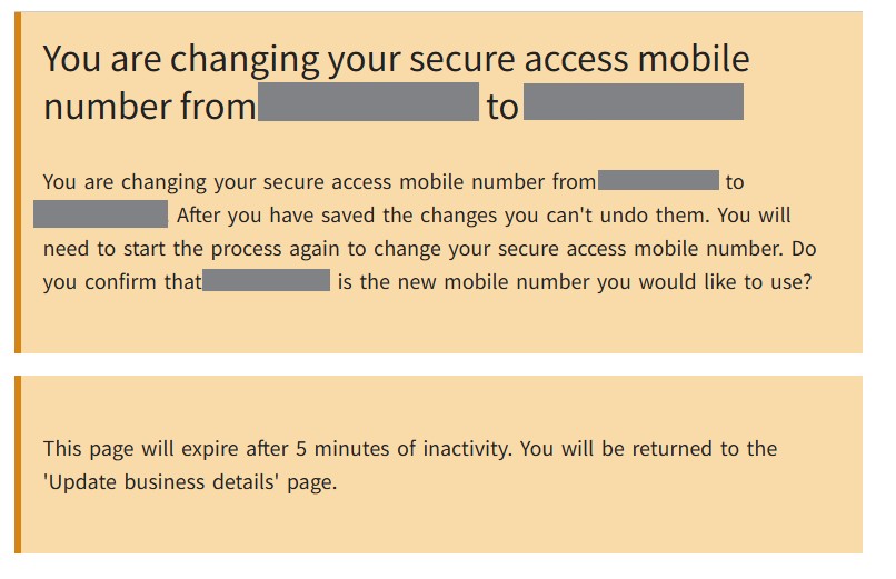 The confirmation of change of secure access phone number screen in the Supplier Self-Service system