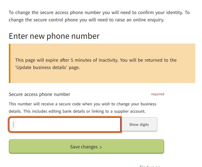 The 'Enter new phone number' screen in the Supplier Self-Service system