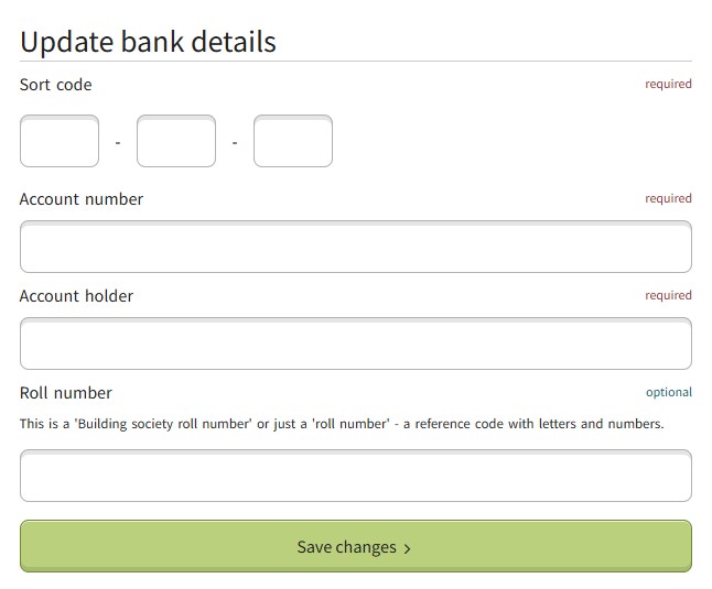 The 'Update bank details' screen in the Supplier Self-Service system