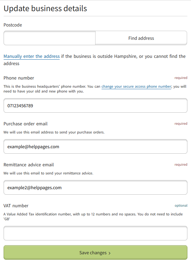 The 'Update business details' screen in the Supplier Self Service system