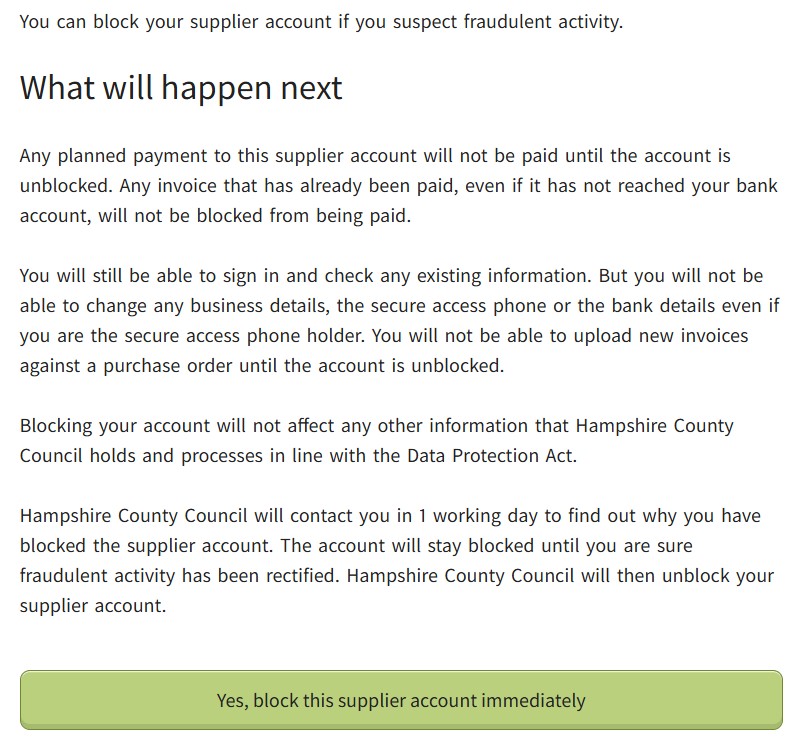 The 'What will happen next' screen in the Supplier Self-Service system