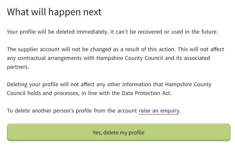 Screen shot of the 'delete profile' screen in the Supplier Self-Service system
