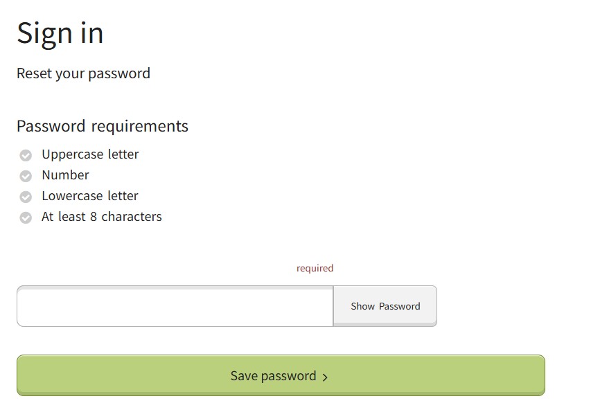 Screen shot of the 'Reset your password' screen in the Supplier Self-Service system