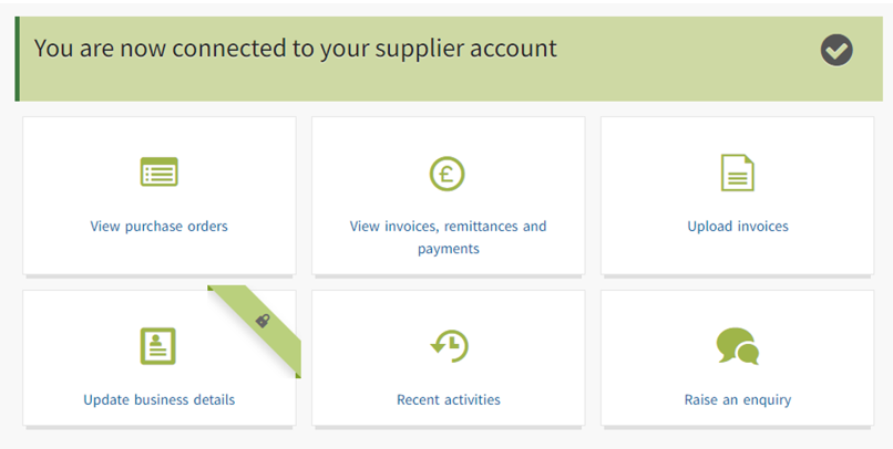 Screen shot of the 'You are now connected to your supplier account' message in the supplier self service system
