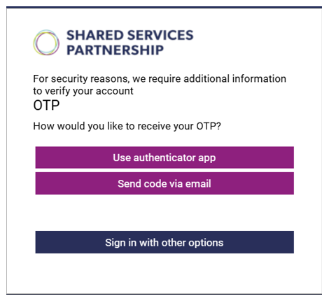 Screen shot of choosing how to receive an OTP while logging in to ESS Lite