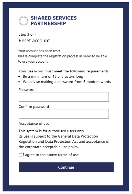 Screen shot of selecting a password after resetting your ESS Lite account