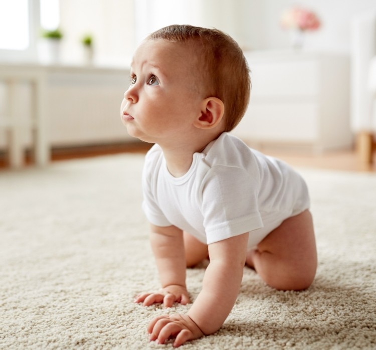 A baby on all-fours looking up