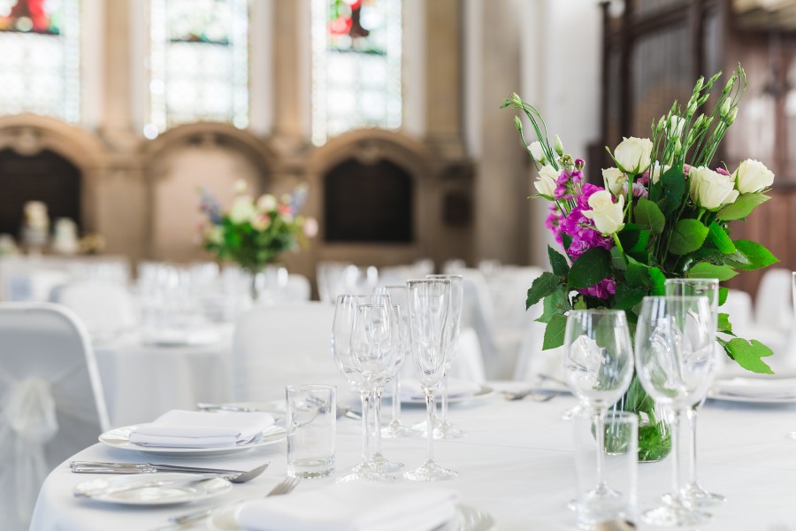 Wedding reception table with flower decoration