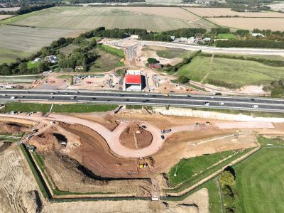 Aerial view of the box construction and the tear drop roundabout 