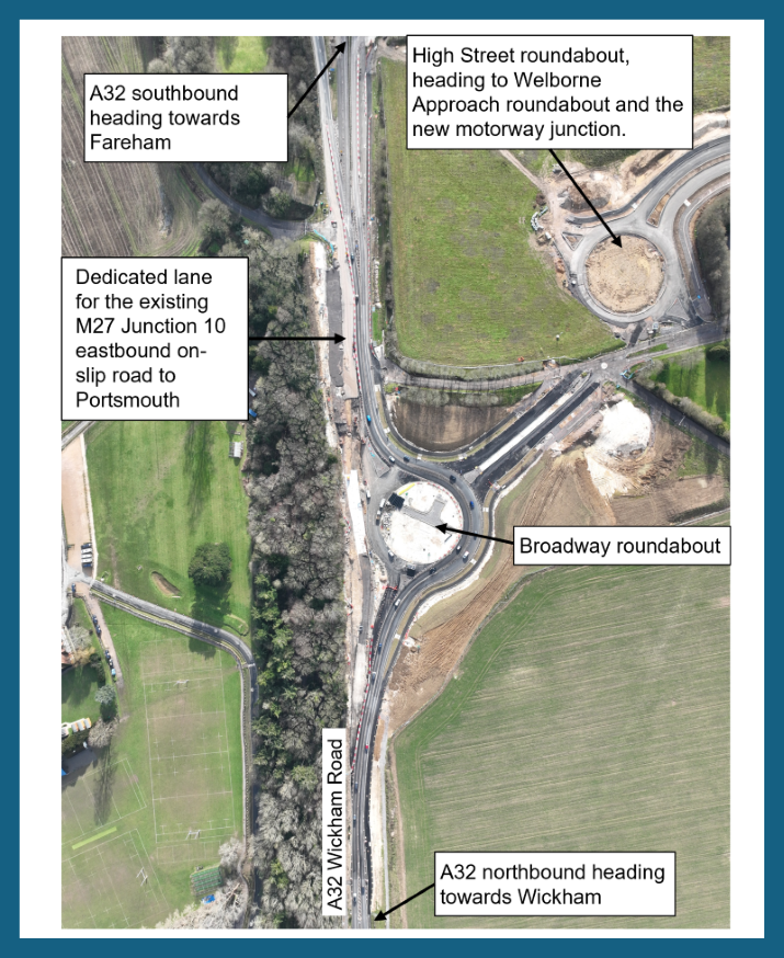 Construction update: works continue to enable the new layout at A32 Wickham Road, Broadway roundabout.