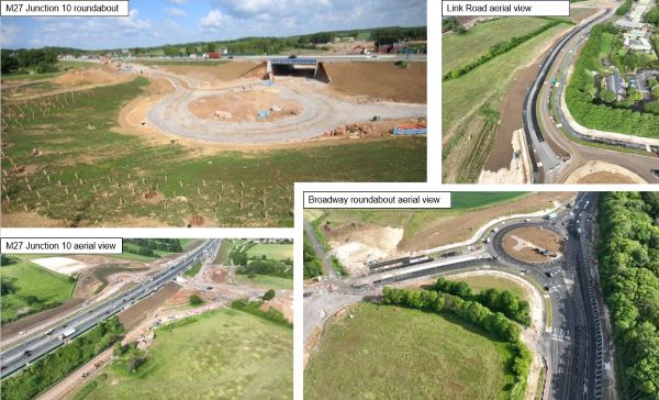 Aerial images of M27 Junction 10, Broadway roundabouts, Link Road and motorway.