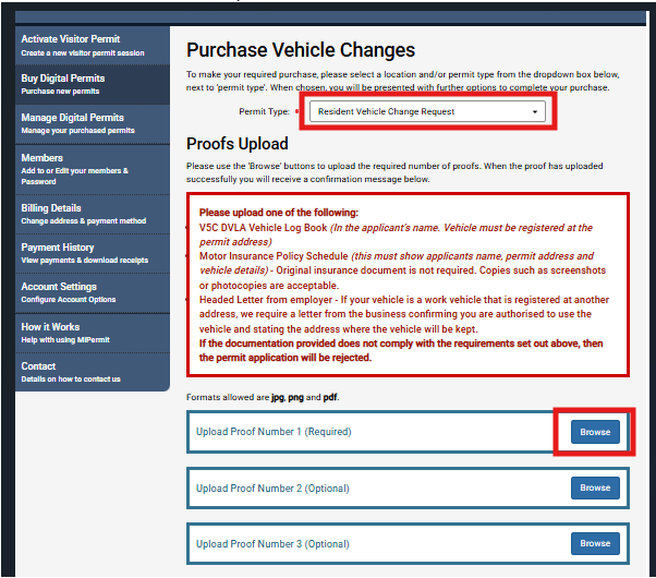 Permit type and proofs upload