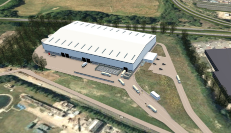 Artist's impression of the side view of a new Materials Recovery Facility in Eastleigh