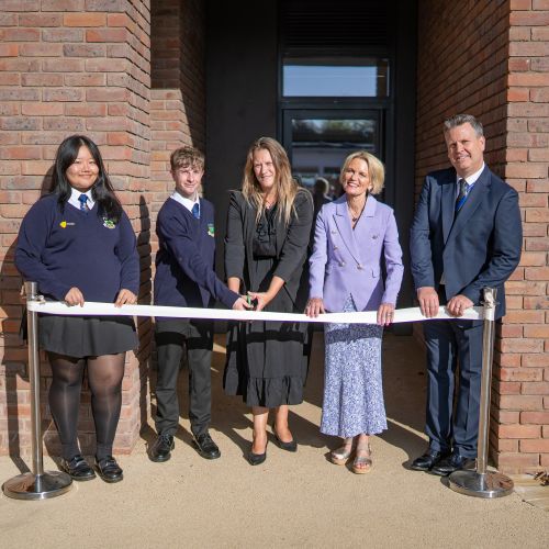 Left to right: Nilam Rai, Head Girl of Alderwood School; Alfie White, Head Boy of Alderwood School; Councillor Roz Chadd, Cabinet Lead Member for Children's Services; Councillor Juliet Henderson, Cabinet Member for Education; Andy Titheridge, Executive Headteacher of Alderwood School