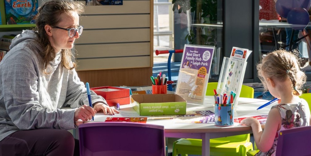Mother with child doing colouring activity