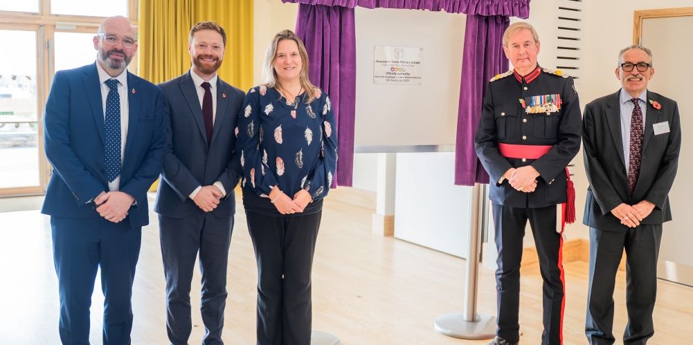 L-R: David Harris, Chief Executive of Engage Enrich Excel Academies (EEEA); Bradley Carter, Headteacher of Hounsome Fields Primary School; Councillor Roz Chadd, Cabinet Lead Member for Children's Services; Vice Lord-Lieutenant, Colonel (Retd) Charles Ackroyd TD RD DL; Stephen Norton, Chair of Trustees (EEEA)