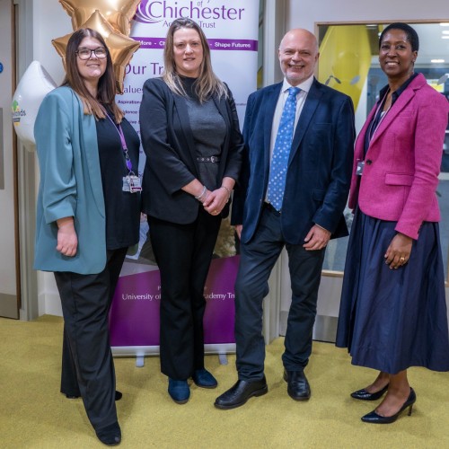 image shows Picture shows (L-R) Head teacher Jennifer Thornton, Councillor Roz Chadd, Councillor Steve Forster, Jennese Alozie.