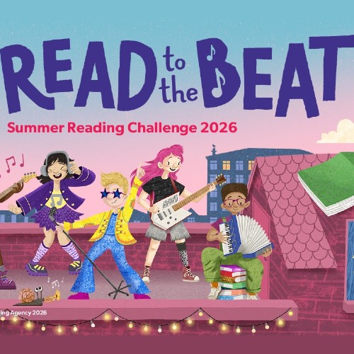 promotional image for Summer Reading Challenge 2026 showing cartoon children playiing instruments