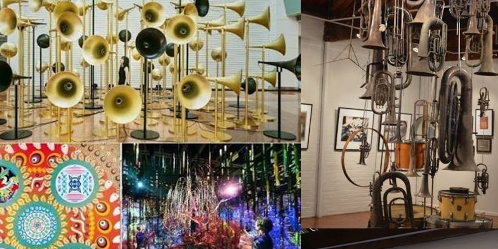 image shows musical instruments repurposed as art