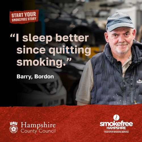man looking at camera with text i sleep better since i quit smoking