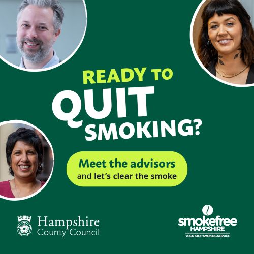 green square with headshots of three smoking advisors and the words ready to quit smoking