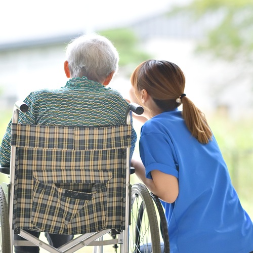 Back of elderly man in a wheelchair with a nurse beside