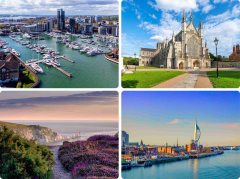 four images of Hampshire landmarks: Southampton, Winchester cathedral, Isle of Wight, Spinnaker Tower in Portsmouth