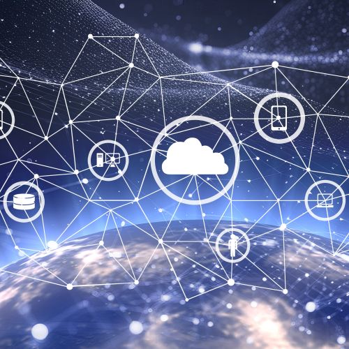 graphic showing the earth with a network of nodes and lines above it, including icons of a cloud, a smartphone and other technology items