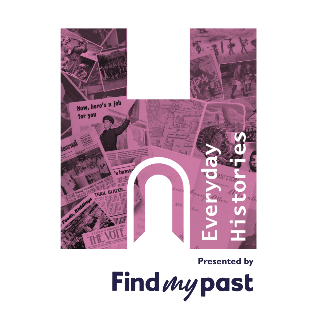 a letter H with historic clippings overlayed in pink