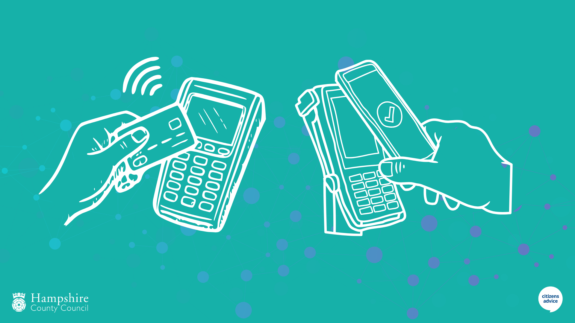 Hand holding card over card machine and a hand holding a phone over a card machine