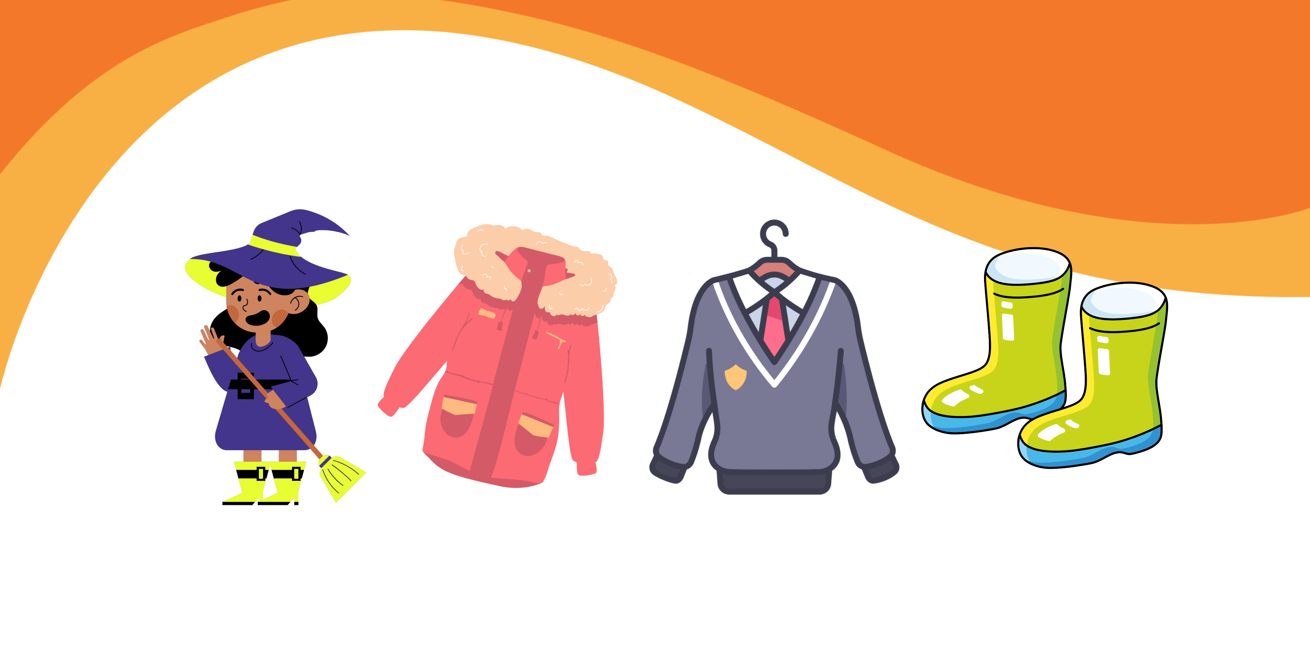 A witch outfit, pink winter coat, school uniform and wellington boots