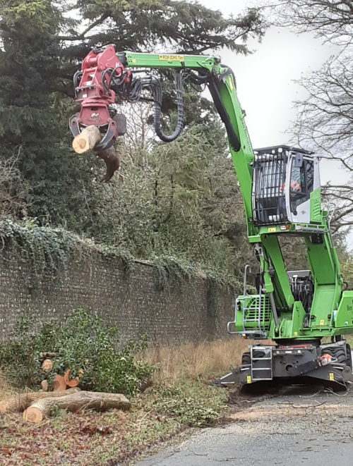 Digger clearing dead tree trunks