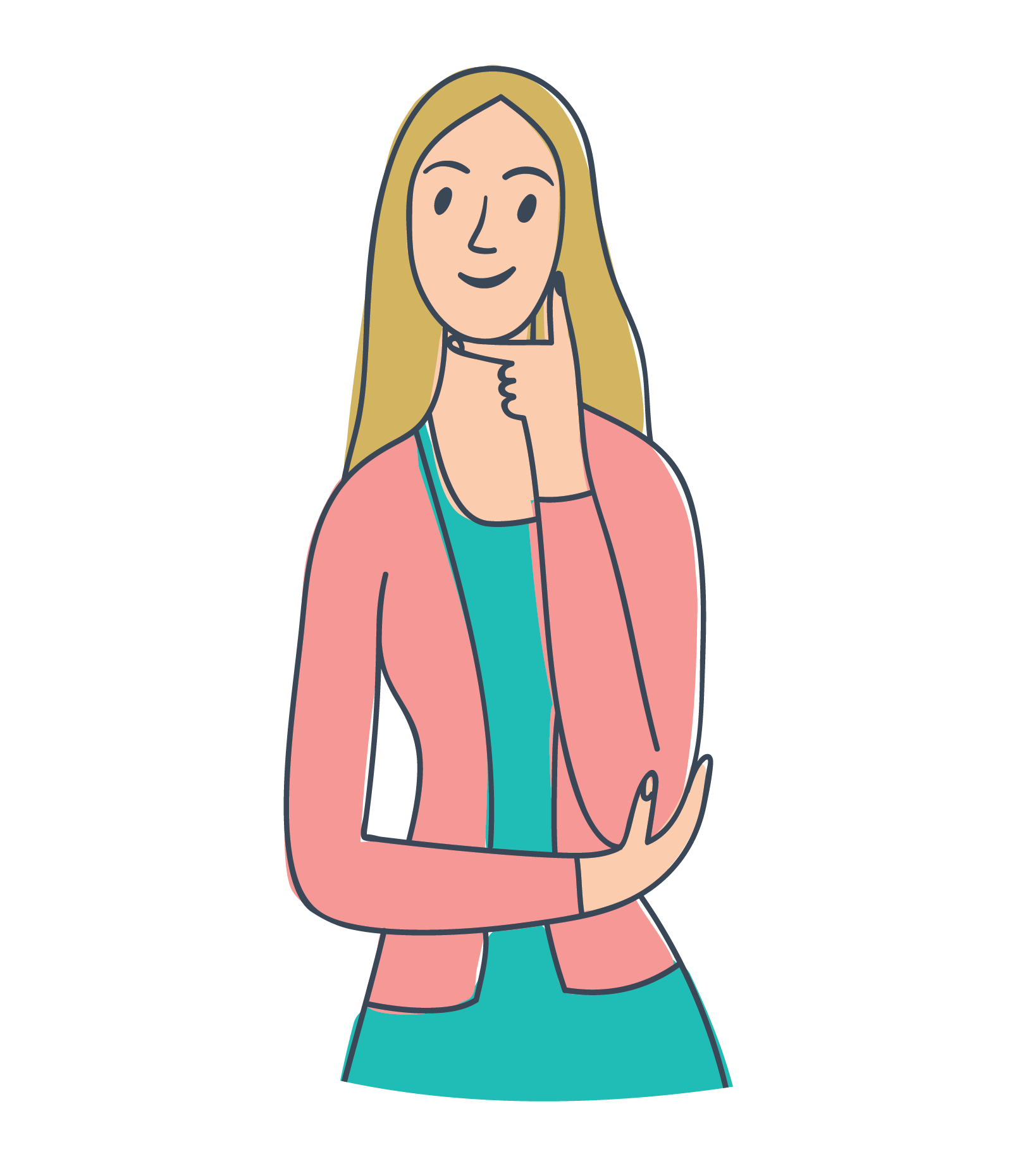 Cartoon illustration of lady looking thoughtful