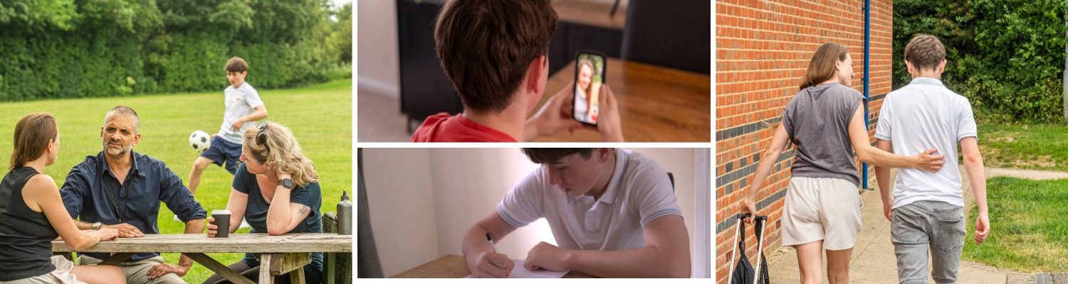 Multiple images of people talking, reading and walking