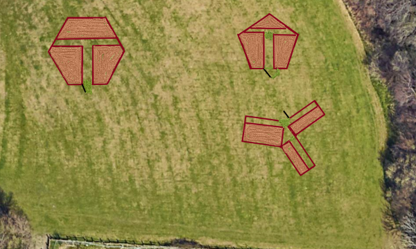 An aerial view of a field showing  plots selected for mini forests
