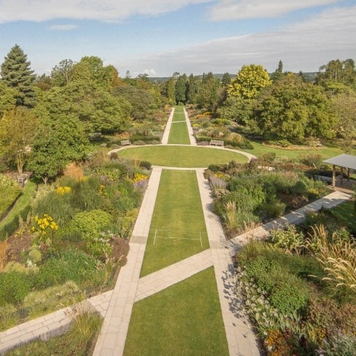 Ariel view of sweeping gardens