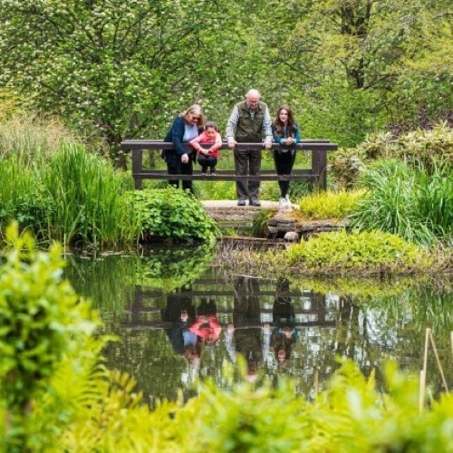 Three people on a bridge in a country garden.