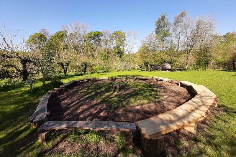 Log benches arranged in a circle in a field surrounded by trees